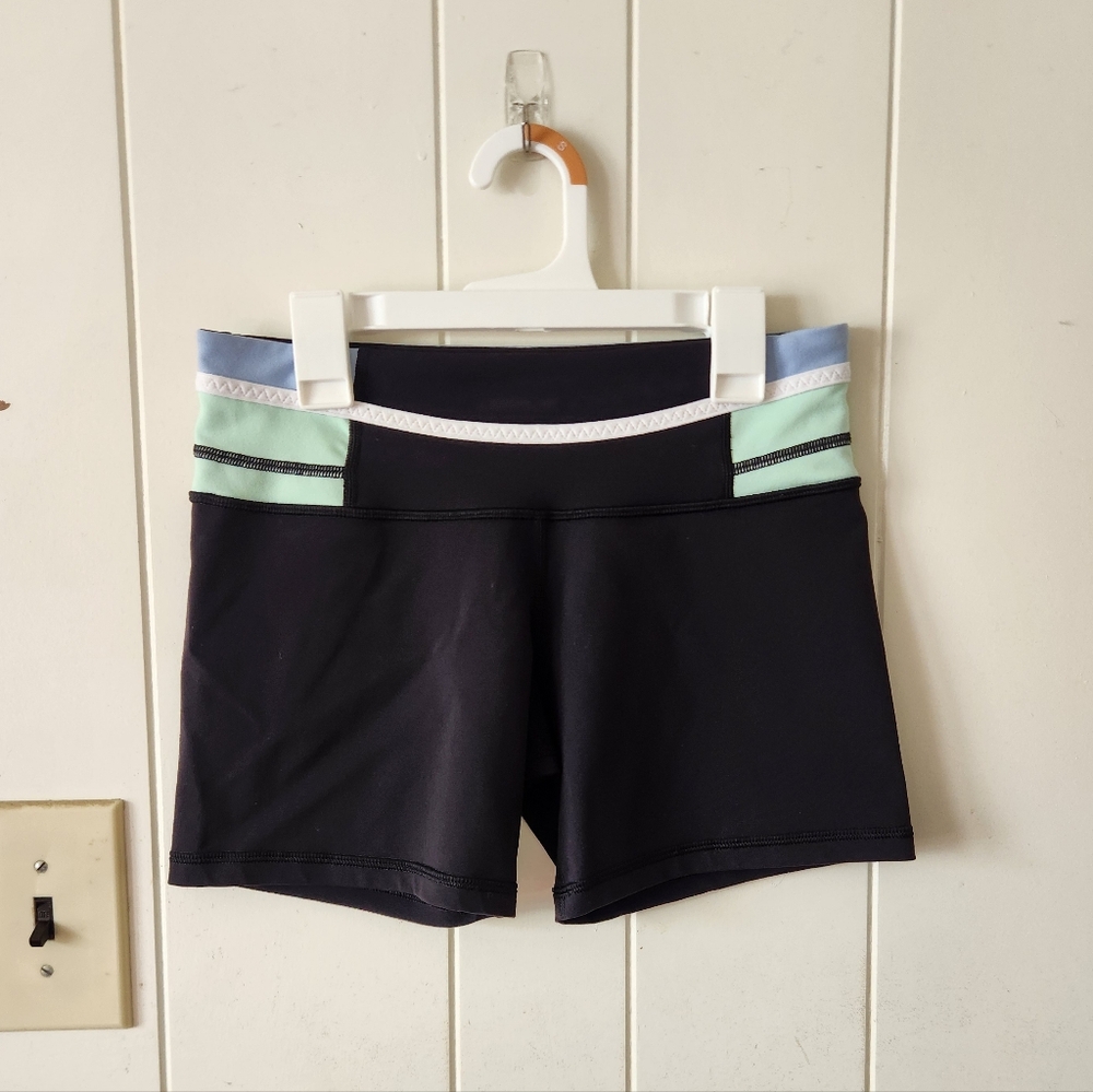 Lululemon Black Athletic Shorts with Mint and Blue Accents Size 6